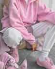 Trendy Pink Collared Fleece Sweatshirt for Women