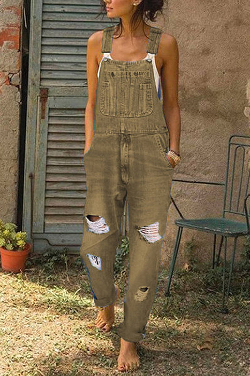 Trendy Women's Denim Overalls with Distressed Wash