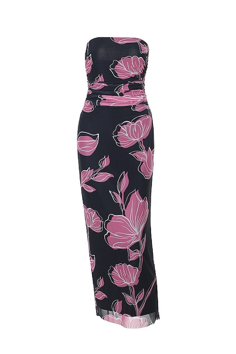 Chic Floral Print Strapless Maxi Dress