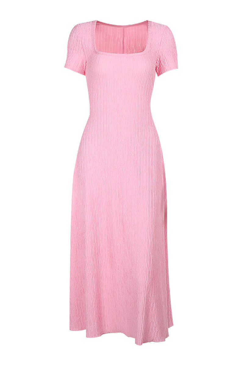 Summer A-Line Dress with Square Neck and Short Sleeves