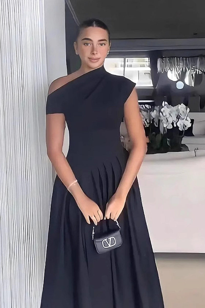 Elegant Spring Summer Dress with Asymmetric Neck