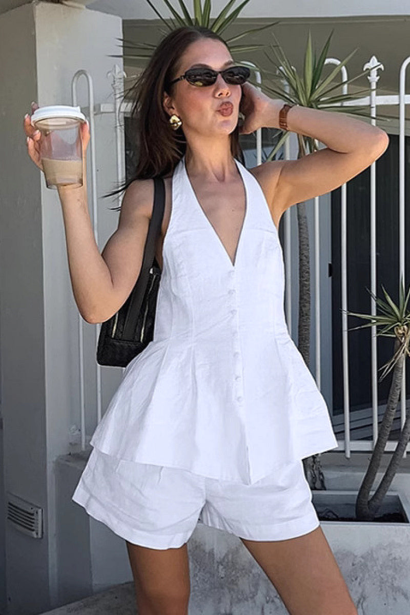 French Style White Halter Neck Two-Piece Set
