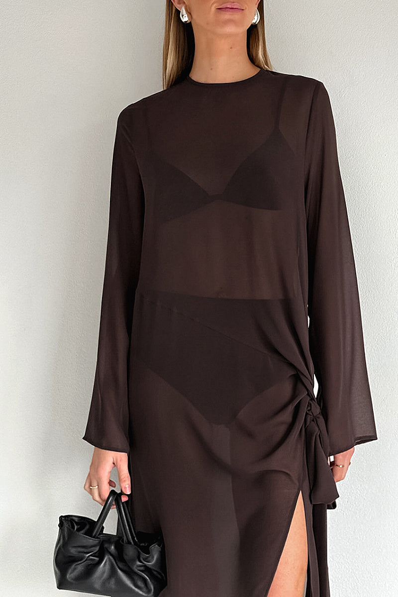 Brown Mesh Design Long Sleeve Dress with Bow Tie