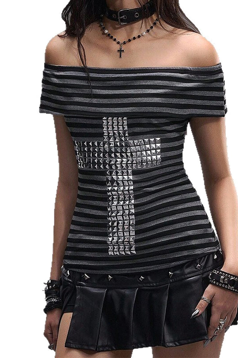 Summer Short Sleeve Off-Shoulder Striped Top