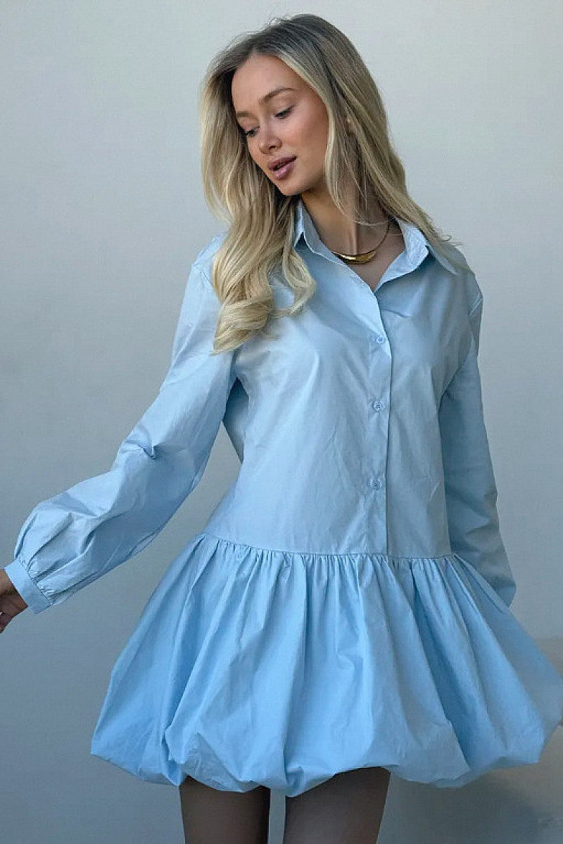 Sweet Puff Sleeve Buttoned A-Line Dress