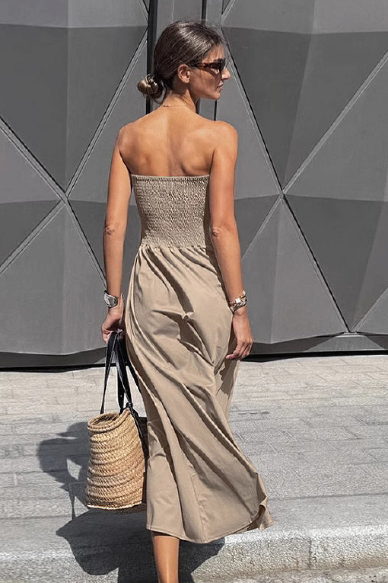Elegant Strapless A-Line Dress in Khaki