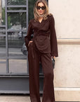 Spring Brown Satin Two-Piece Set for Women