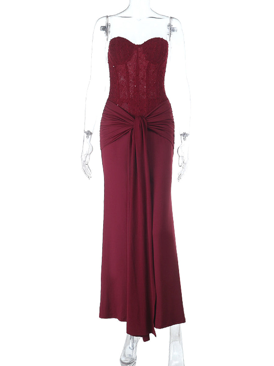 Elegant Strapless Long Dress with Waist Tie