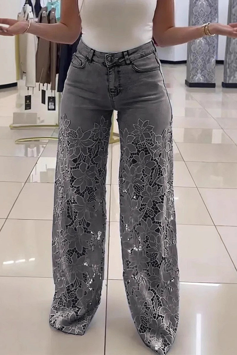 High Waist Lace Inset Straight Leg Jeans