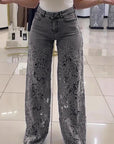 High Waist Lace Inset Straight Leg Jeans
