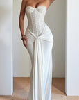 Elegant Strapless Long Dress with Waist Tie