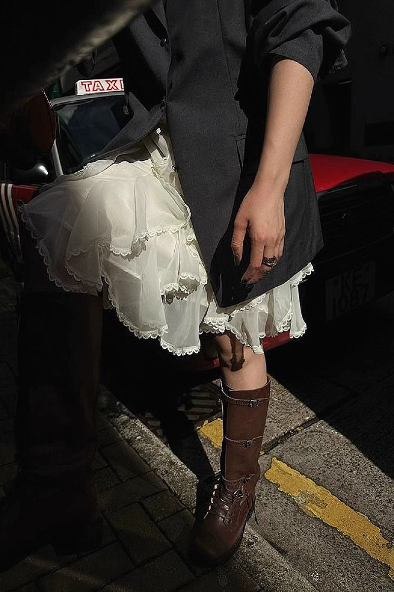 French Sweet Ruffled Lace Chiffon Skirt