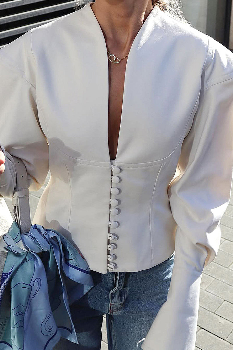 French Style Waist-Defined V-Neck Long Sleeve Coat