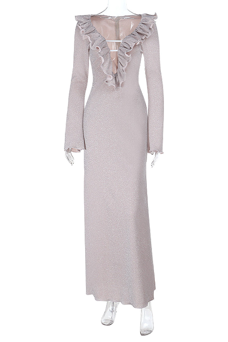 Shiny V-Neck Long Sleeve Bodycon Dress