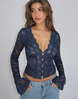 Chic Women's V-Neck Lace Long Sleeve Top