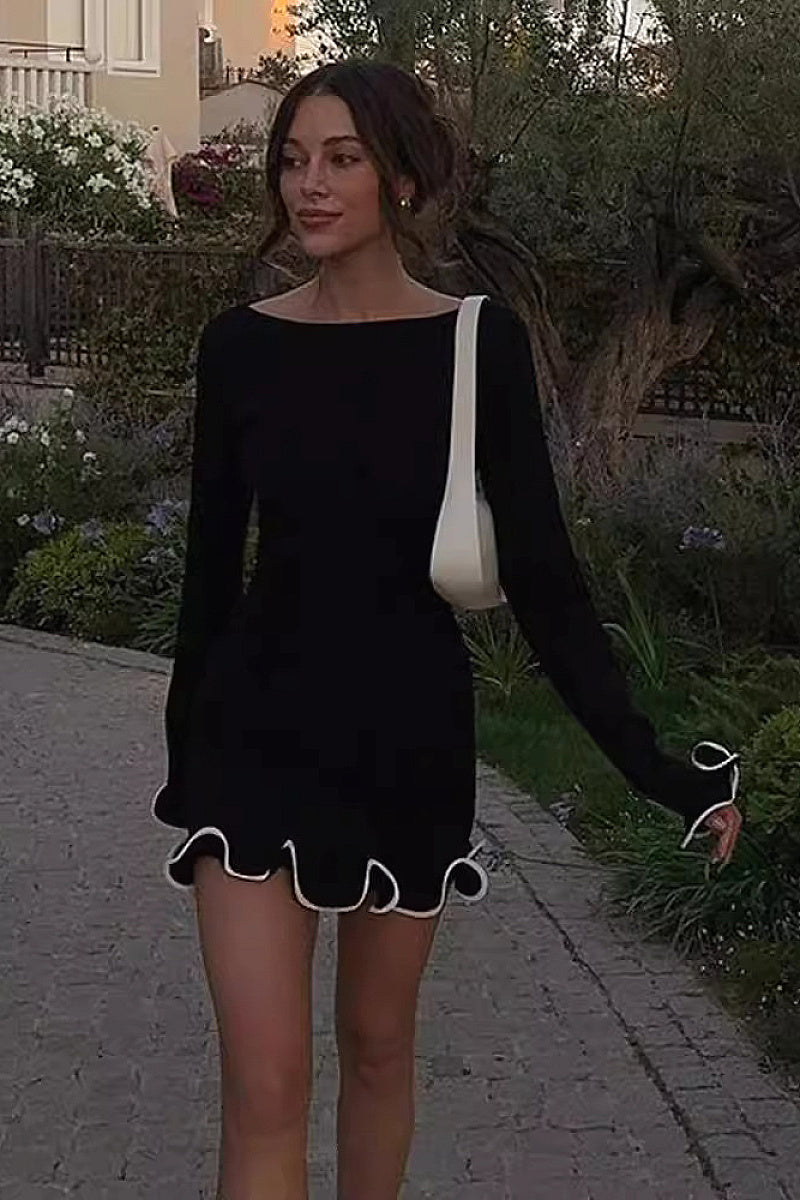 Elegant Ruffled Hem Long Sleeve Knit Dress