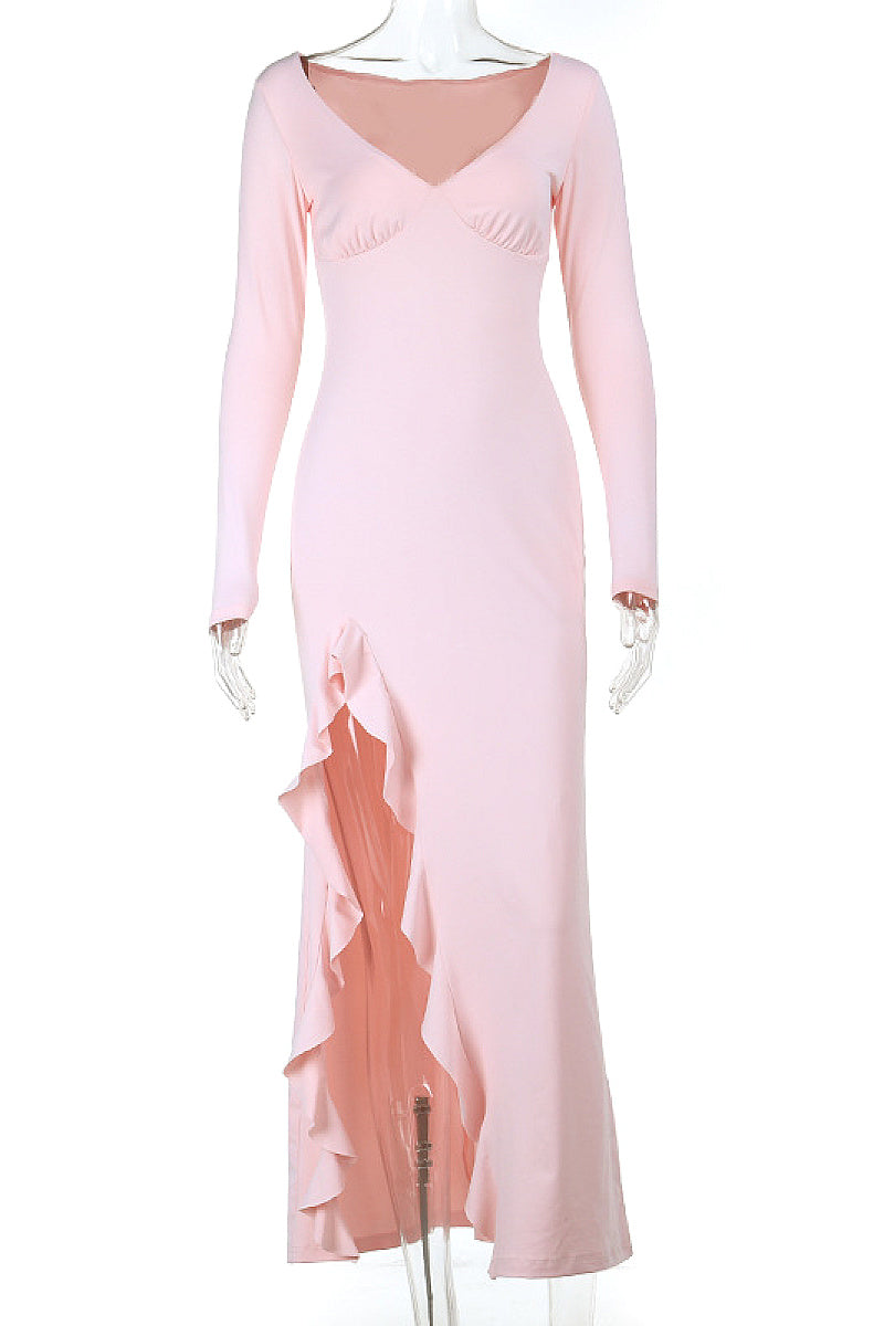 Sexy Deep V Neck Long Sleeve Ruffle Split Dress