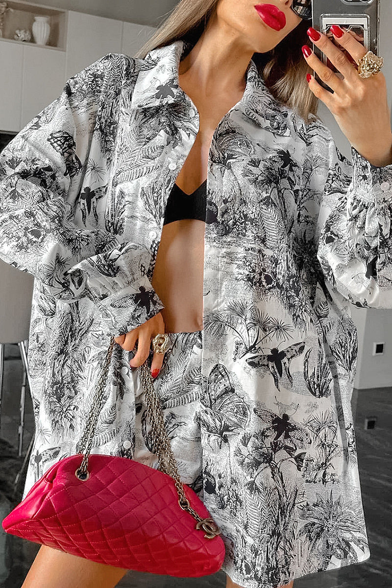 Fashion Loose Ink Print Shirt and Shorts Set