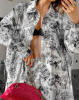 Fashion Loose Ink Print Shirt and Shorts Set