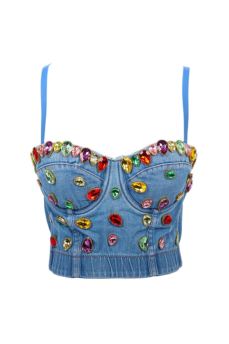 Youthful Denim Crop Top with Rhinestones