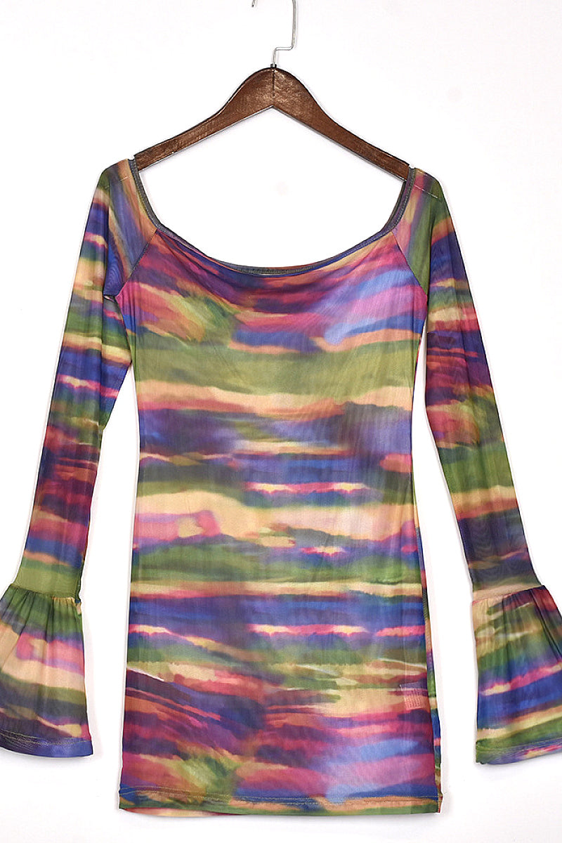 New Sheer Color Block Long Sleeve Dress