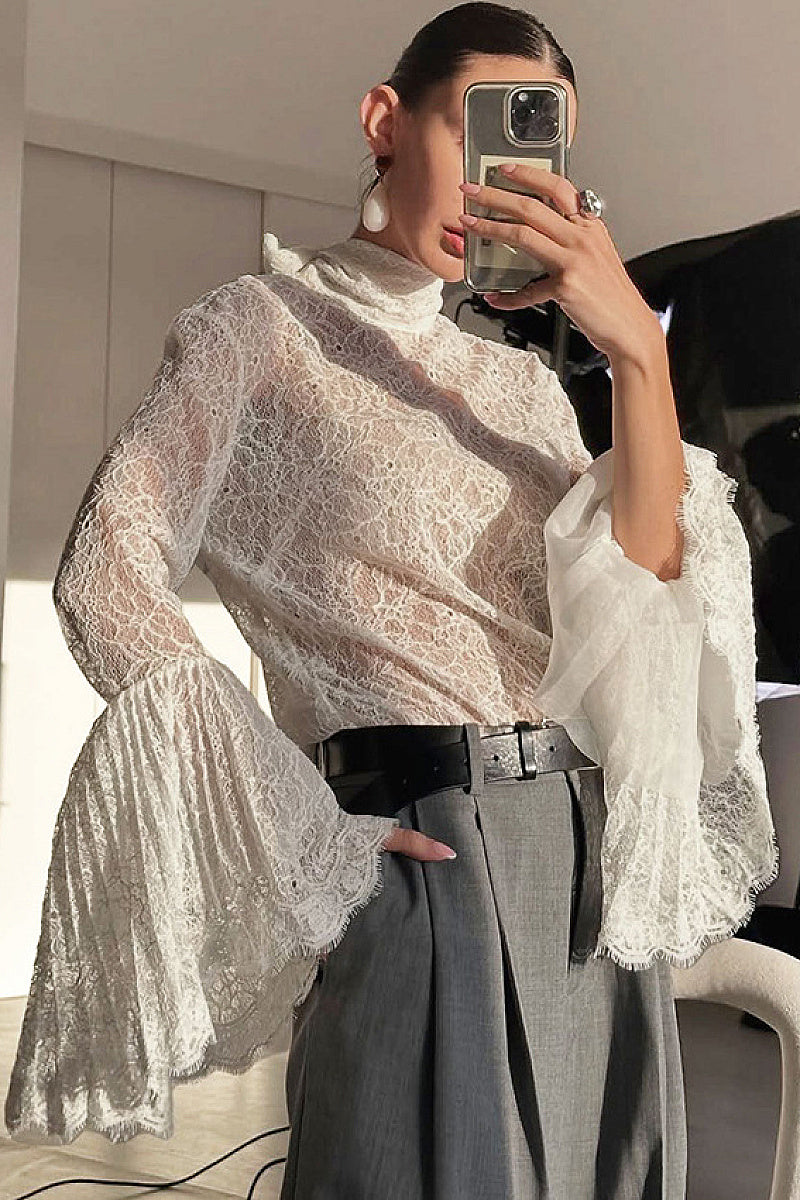 French Style Lace Blouse with Ruffled Sleeves