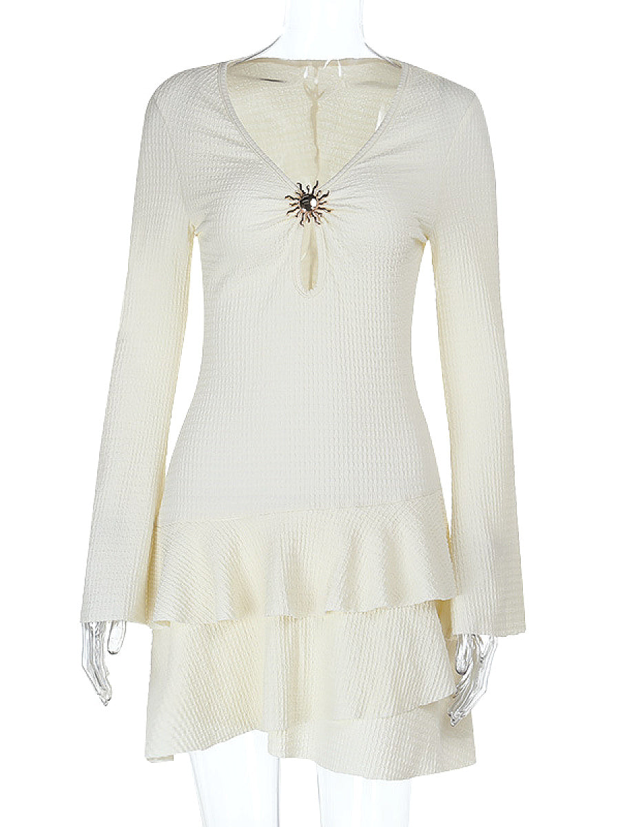 New Women's Hollow Layered Dress with Metal Buckle