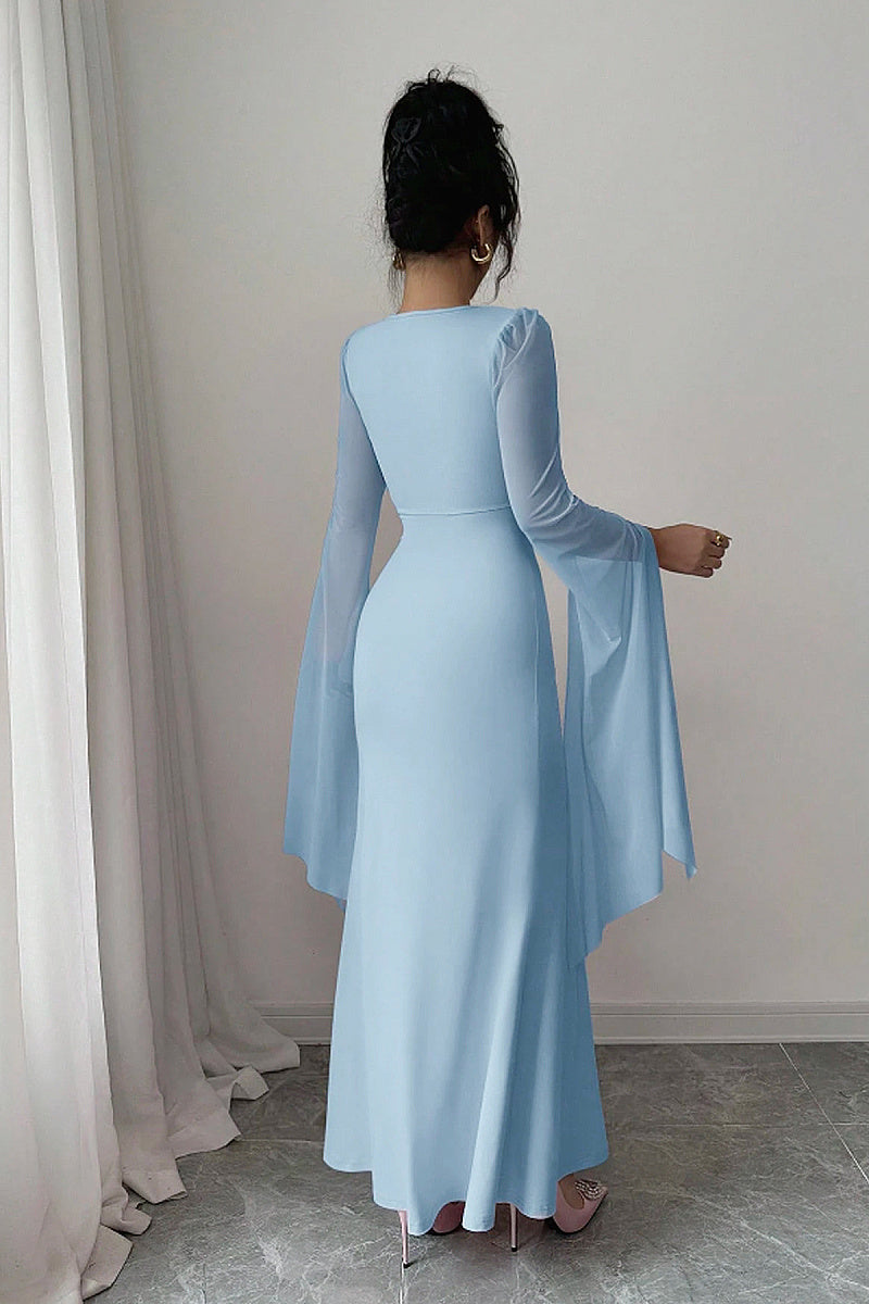 Summer Spliced Mesh Long Dress with Flare Sleeves