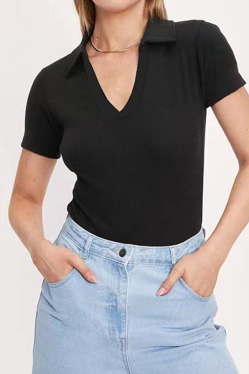 Summer New Women's Cotton Polo Neck Slim Fit Bodysuit