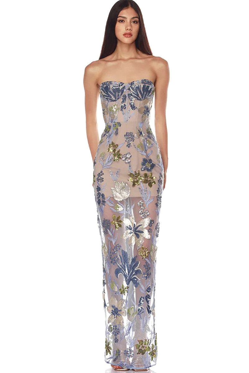 Elegant Embroidered Sequin Flower Strapless Dress