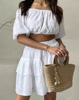 Fashionable White Hollow Out Collar Shirt and Skirt Set