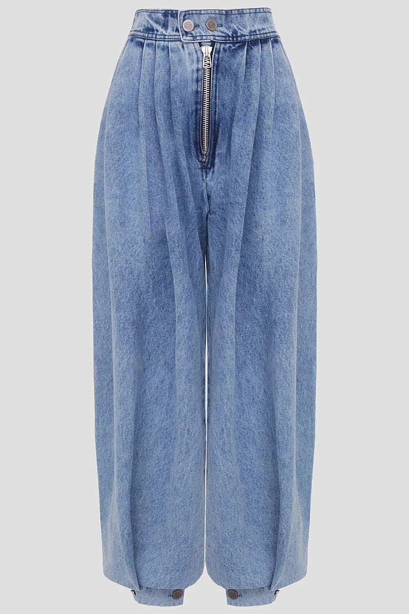 High Waist Zipper Cuffed Denim Pants for Women