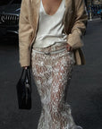 Summer Sequined Lace Midi Skirt with Slit