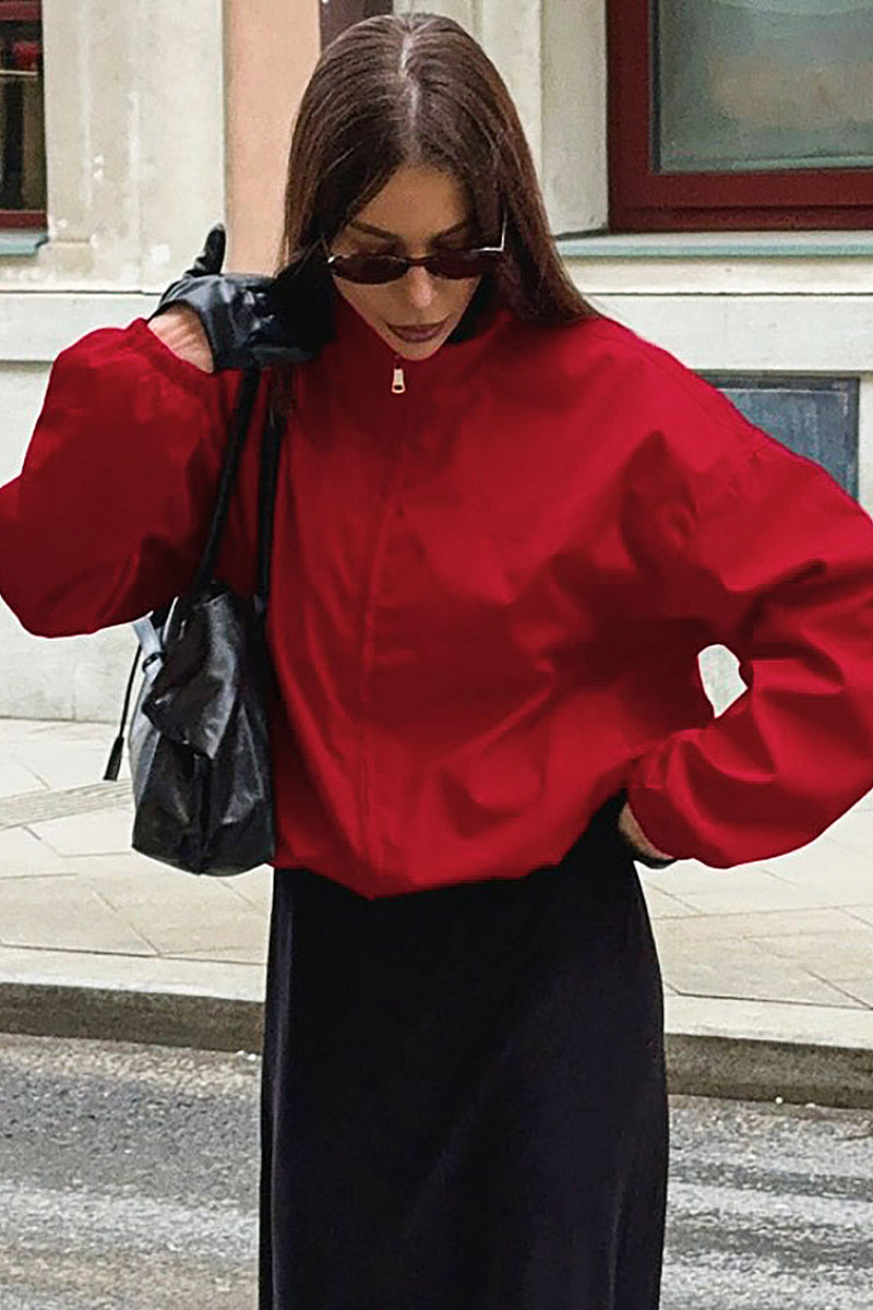 Stylish Red Stand Collar Zipper Windbreaker