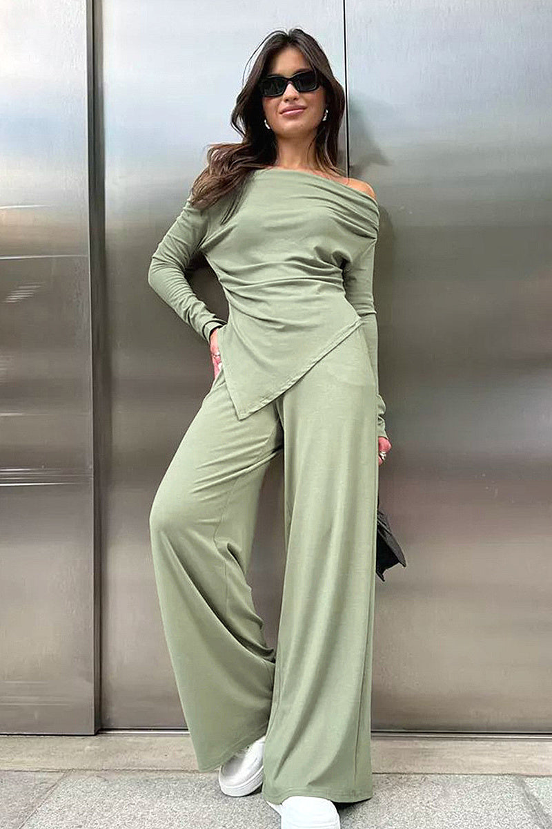 Off Shoulder Knit Set with Long Pants