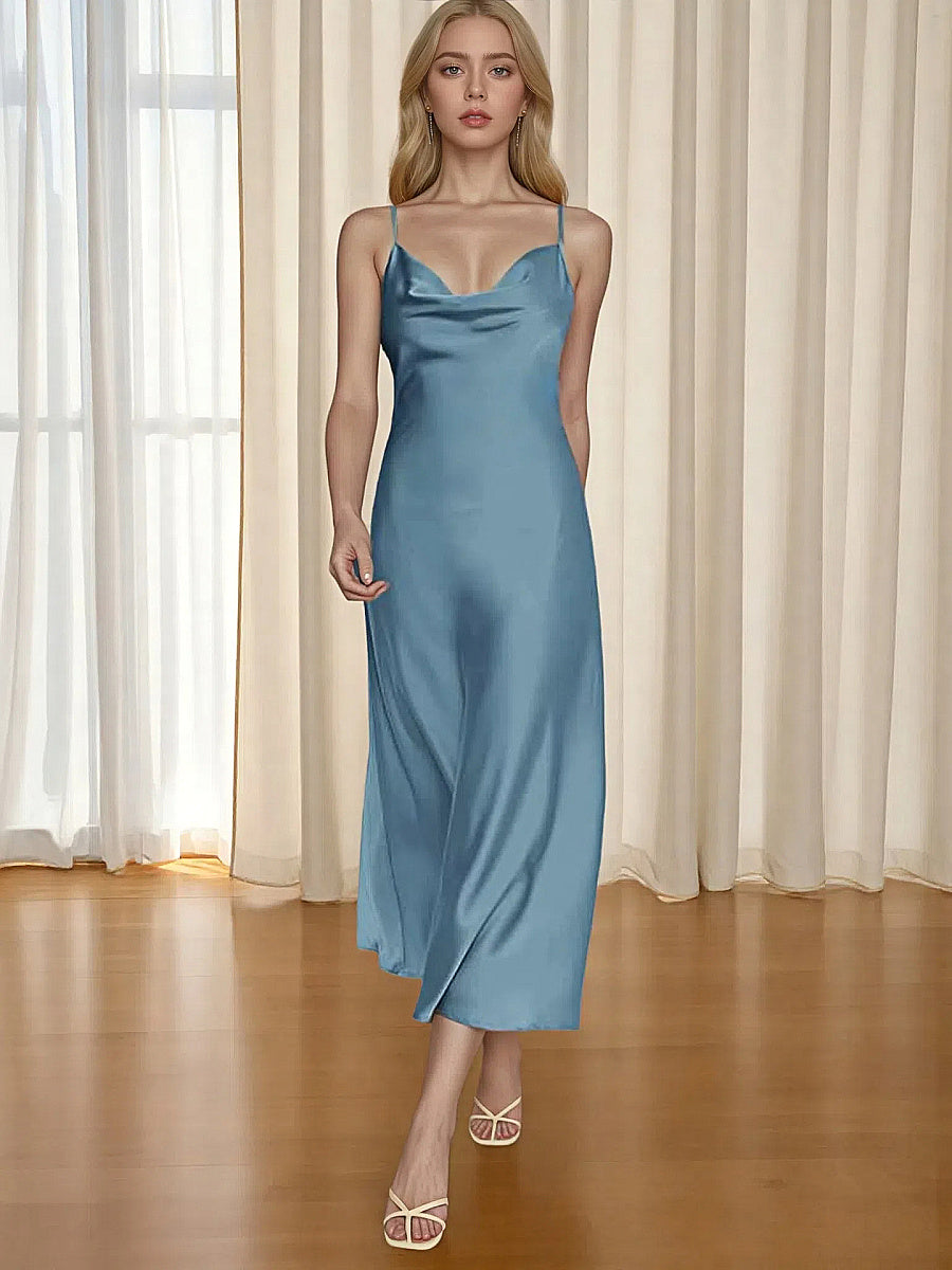 New Women's Satin Maxi Dress with Spaghetti Straps