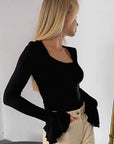 Black Ruffled Long Sleeve Knit Top for Women