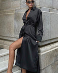 Elegant Blue Satin Shirt Dress for Women