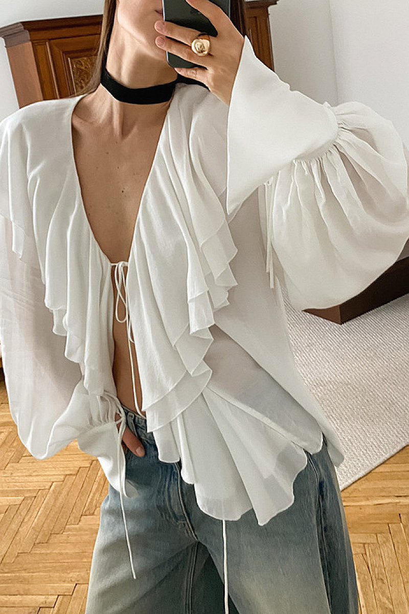 French Design Ruffled Puff Sleeve V-Neck Chiffon Cardigan