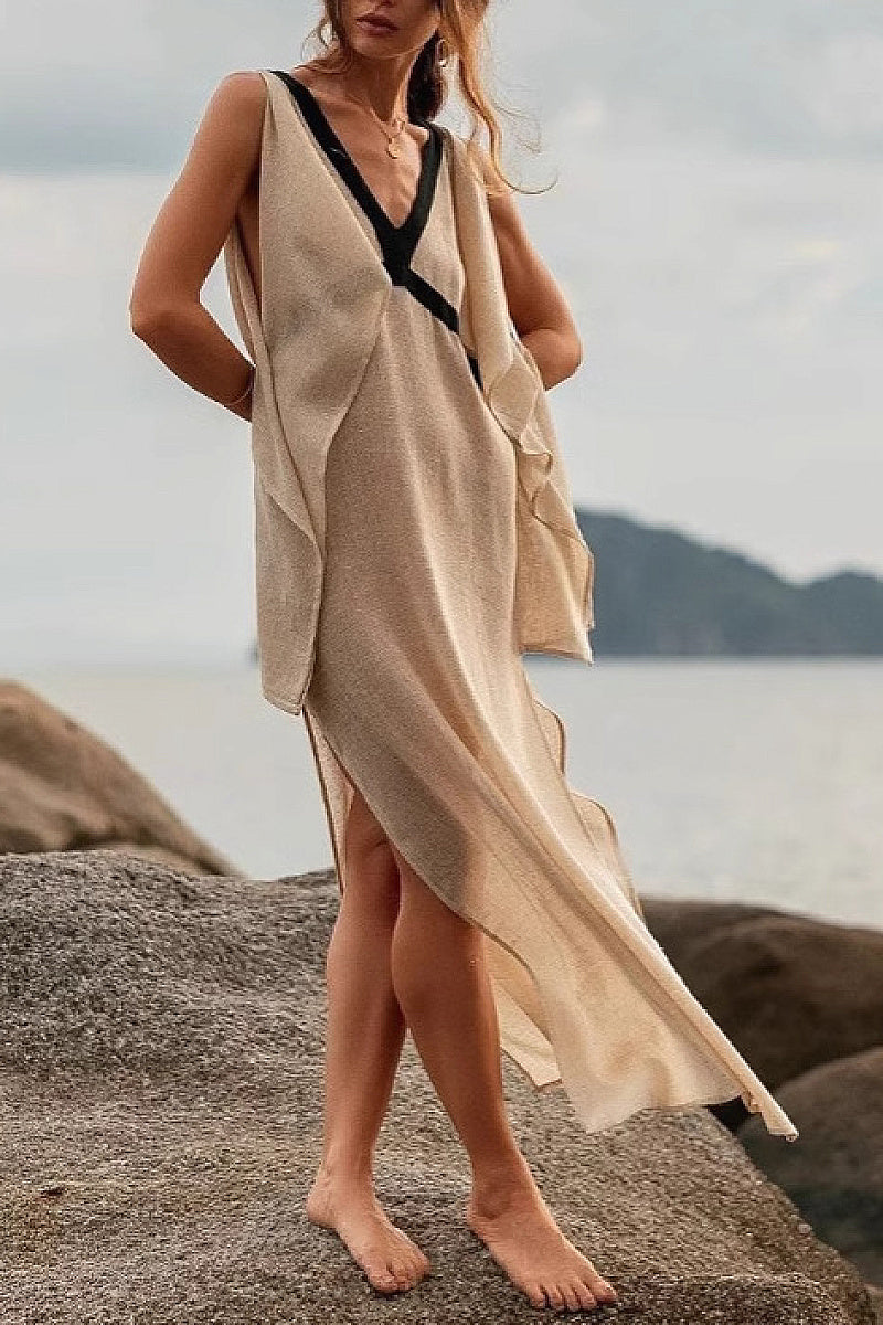 Vintage Casual Vacation Style V-Neck Long Dress