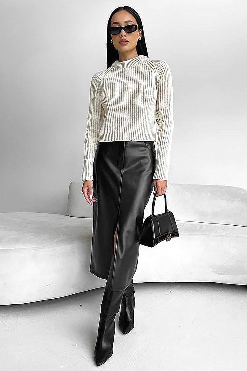 Chic Black Matte Faux Leather Skirt for Women