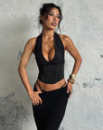 Sexy Deep V Neck Black Halter Top for Women