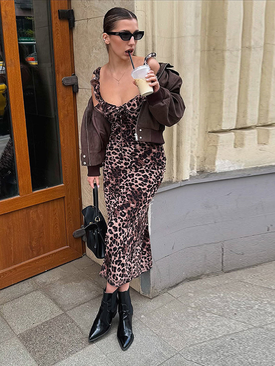 French Style Leopard Print V-Neck Dress