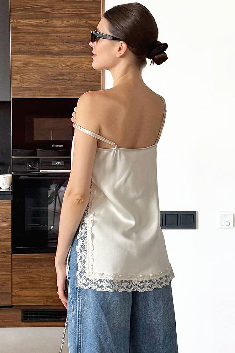 Elegant Lace Trim Satin Cami Top