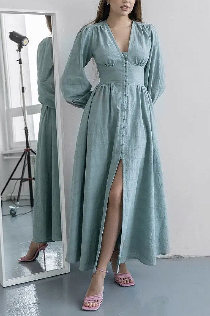 Elegant V-Neck Lantern Sleeve Dress