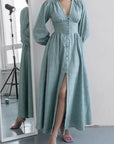 Elegant V-Neck Lantern Sleeve Dress