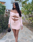 Elegant Off-Shoulder Ruched Dress with Floral Buttons