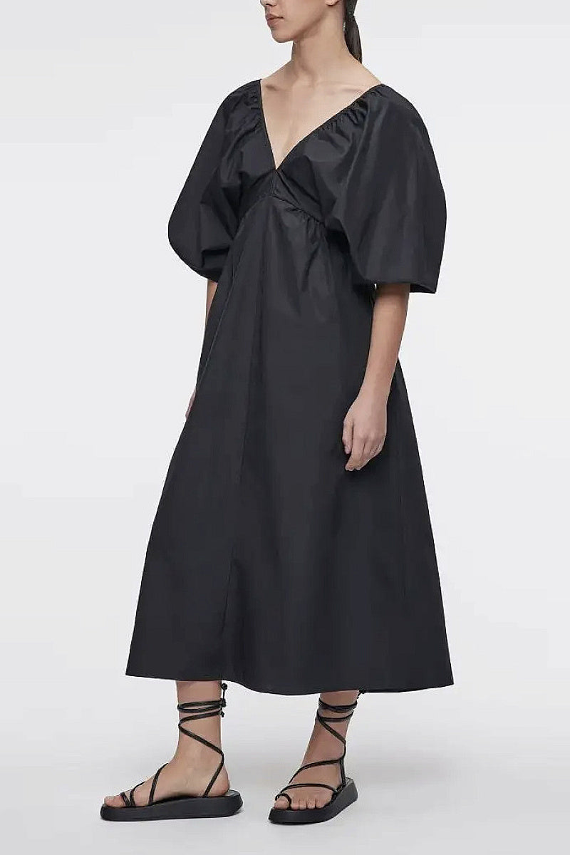 French Minimalist V-Neck Puff Sleeve Dress