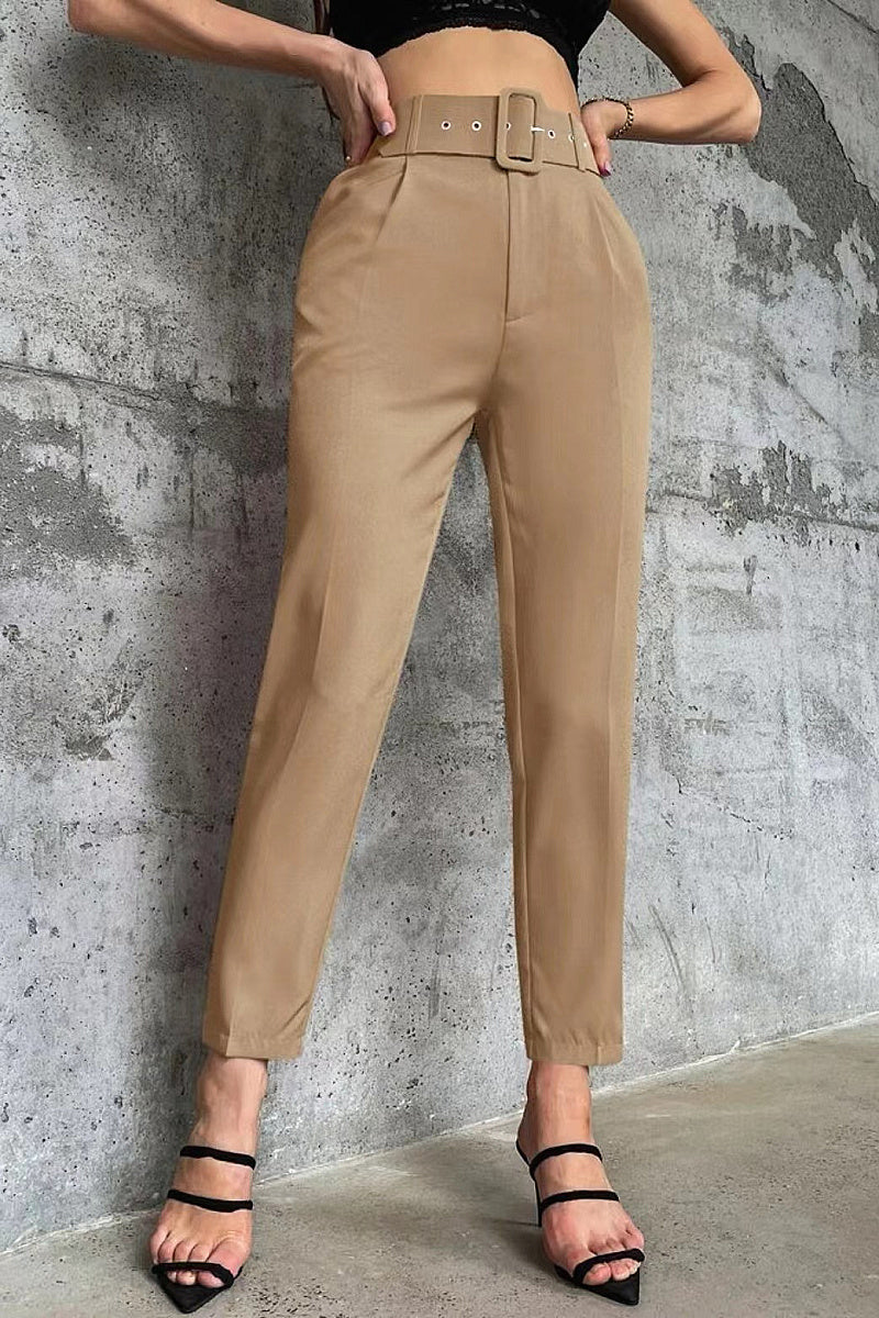 Casual High Waist Straight Leg Pants with Belt