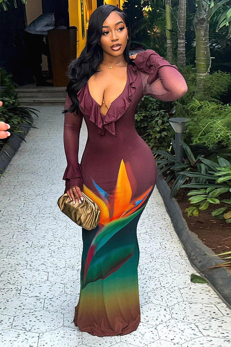 Chic V-Neck Color Block Bodycon Maxi Dress